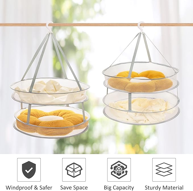 AUTODECO 2 Pack 2-Tier Folding Mesh Clothes Hanging Dryer, Sweater Drying Rack, Large Laundry Drying Rack, Lay fold Flat Dry Hanger, Mesh Clothes Hanging Dryer - M(2Tier)+L(2Tier)