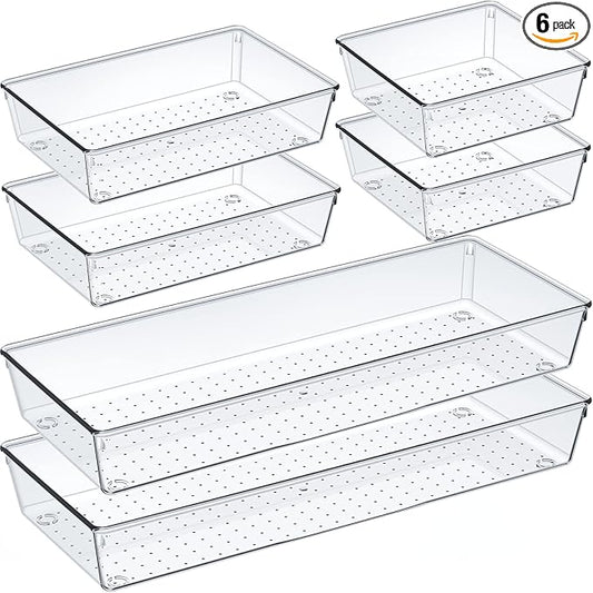 Criusia 6 Pcs Large Size Clear Drawer Organizer Set, Acrylic Non Slip Non Cracking Kitchen Drawer Storage Tray Divider, Multifunctional Storage for Cosmetics, Bathroom, Tools, Kitchen and Office-NeatNest