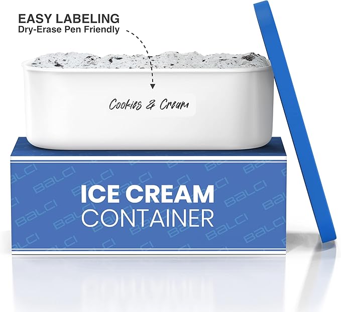 BALCI - Ice Cream Container - 2 Quart - Perfect Reusable Freezer Storage for Homemade Ice Cream Tubs for Sorbet, Frozen Yogurt and Gelato! - Flexible Silicone Lids, Long Scoop, Stackable - Blue