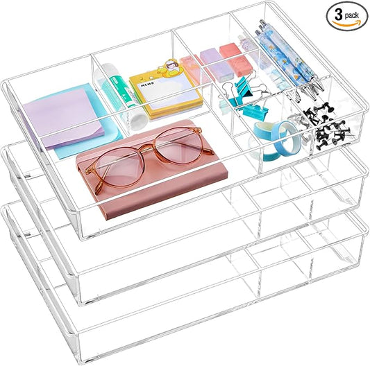 3 Pack Stackable Clear Drawer Organizer Trays 13.7" x 8.7" x 2" Plastic Acrylic Drawer Divider for Desk with 8 Compartments for Pens Paper Clips Sticky Notes Office Bathroom Arrangement