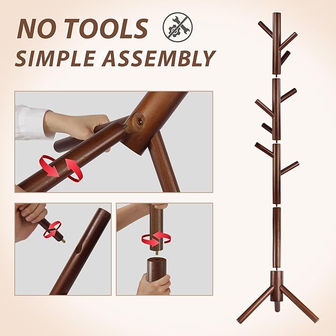 Durable Wooden Coat Rack, Freestanding Coat Rack with Stable Triangular Base, 8 Hooks & 3 Adjustable Heights, Simple Assembly for Bedroom, Hallway, Office(New Brown)-NeatNest