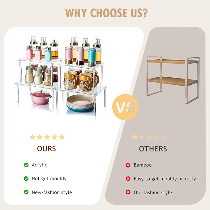 Clear Acrylic Cabinet Organizer Shelf, Set of 2 Spice Rack Organizer for Kitchen, Countertop Desk Organizers Display Riser Shelves, Stackable Kitchen Cabinet Shelf, Pantry Storage-NeatNest