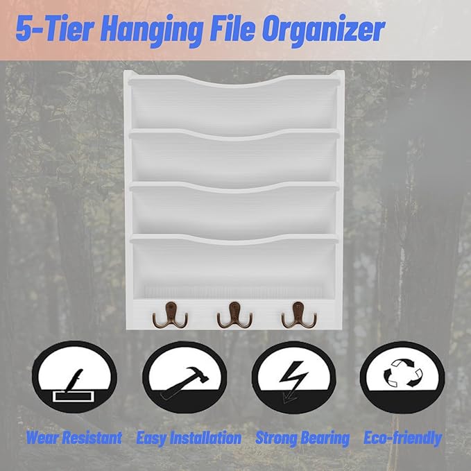 5 Tier Hanging Wall File Holders Letter Size Wall File Organizer Wood Mail Organizer with 6 Hooks, White