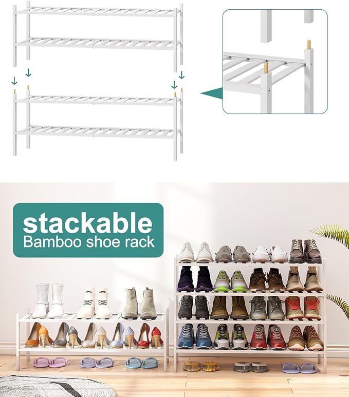 Long Shoe Rack for Entryway,Shoe Organizer for Hallway Closet, Bamboo Wood Shoe Racks for Indoor Outdoor (White, 2-Tier Long)-NeatNest
