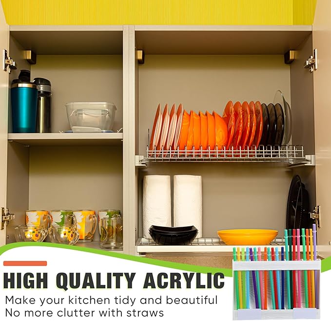 Acrylic Straw Holder for Cabinet Door with Double Sided Adhesive Tape Reusable Straw Organizer Tumbler Storage Kitchen Accessories Container for Counter Cupboard(Wood Texture,Large,White)