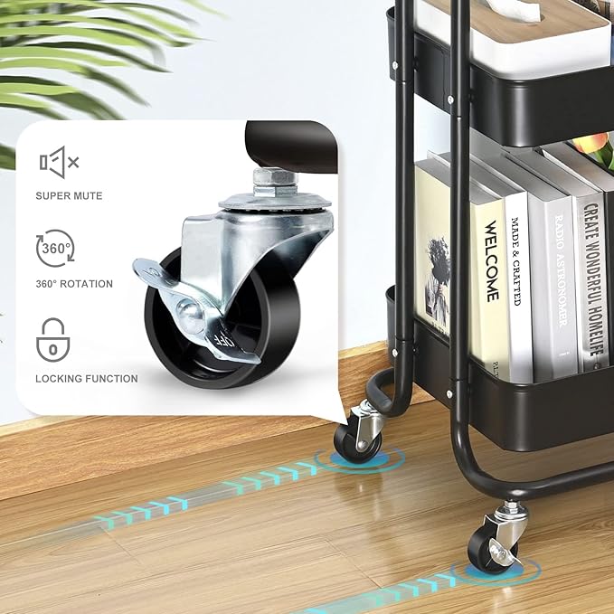 TOOLF 3-Tier Metal Rolling Storage Cart with Tabletop, Utility Rolling Carts with Wheels,Trolley Organizer with Handle for Library Office Classroom Home Bedroom, Black