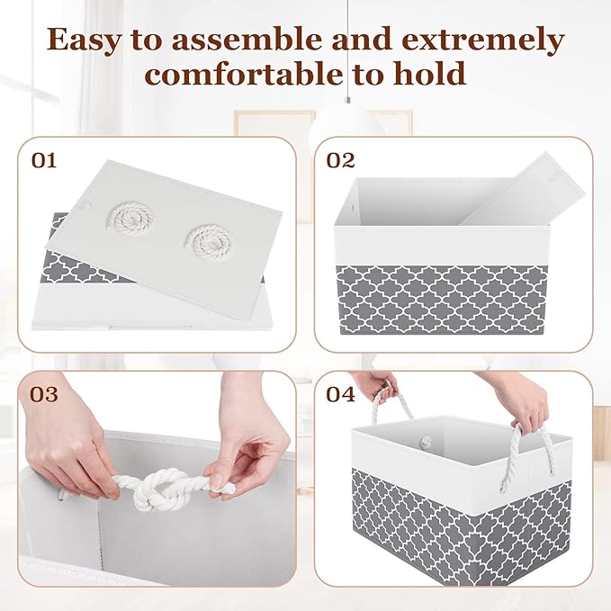 Fab totes Storage Bins [2-Pack], Foldable Storage Baskets for Organizing Toys, Books, Shelves, Closet, Large Storage Box with Rope Handles, Sturdy Organizer Bins,Clover Grey-NeatNest