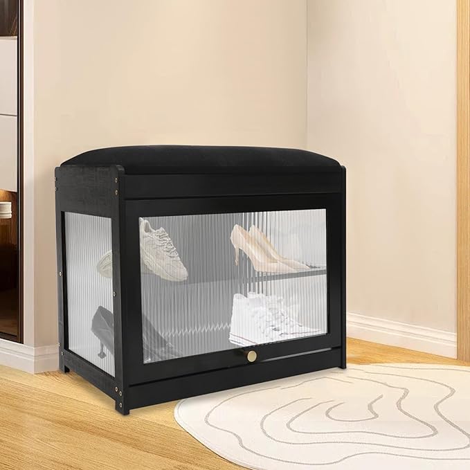Eapmic Shoe Storage Bench, Entryway Shoe Rack Bench with Padded Seat Cushion, 2-Tier Shoe Cabinet, Bamboo Shoe Organizer for Hallway Bedroom Living Room Front Door (Black, 19.69 * 12.6 * 17.32in)