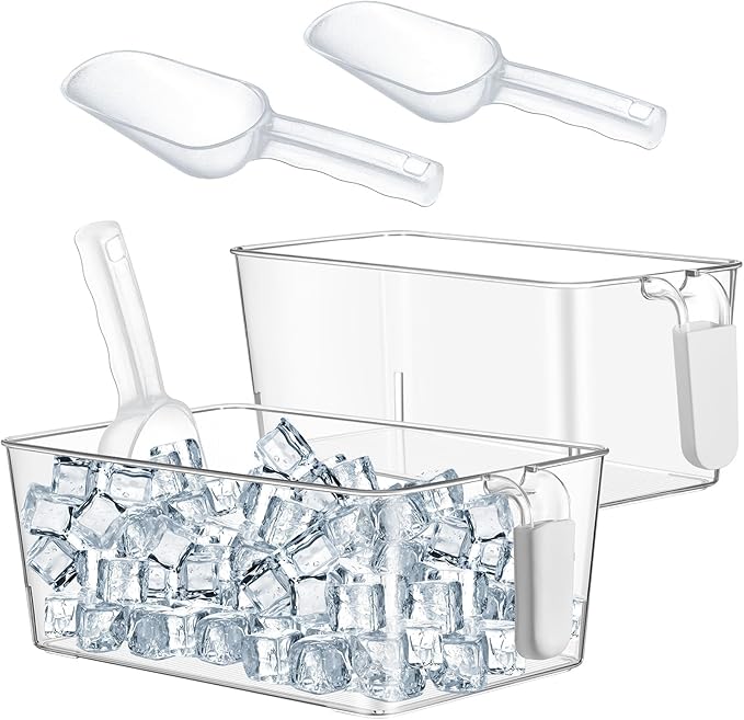 Havawish 2 Set Ice Bin and Flexible Scoop Set Plastic Freezer Ice Bin with Pull out Handle Clear Storage Bucket for Container with Bucket Scoop(Grey,10.83 x 7 x 4.33 in,10.83 x 4.92 x 4.33 in)
