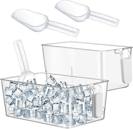 Havawish 2 Set Ice Bin and Flexible Scoop Set Plastic Freezer Ice Bin with Pull out Handle Clear Storage Bucket for Container with Bucket Scoop(Grey,10.83 x 7 x 4.33 in,10.83 x 4.92 x 4.33 in)
