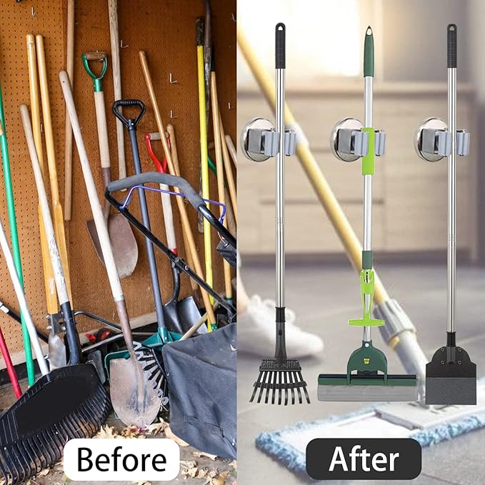 MUTUACTOR Magnetic Broom Holders,4pcs Sturdy Heavy Duty Magnetic Clips Wall Mount,10lbs No Drilling Anti-broken Magnetic Hooks Broom Mop Brackets for Work Cargo Garage Laundry Van Accessories-NeatNest
