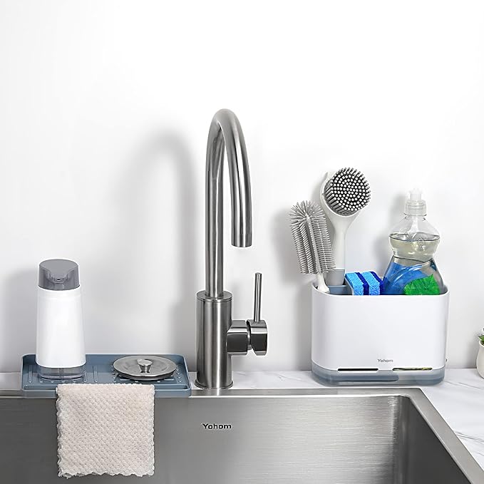 YOHOM Kitchen Scrub Brush Holder for Sink Sponge Caddy Countertop Organizer Plastic Dish Brush Sponge Holder with Drain Tray-NeatNest