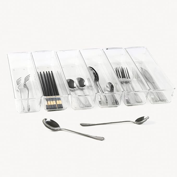 ihomecooker 6 Set Clear Plastic Junk Drawer Organizer Vanity Curlery Utensil Makeups Organizer for Kitchen 12'' X 3''-NeatNest