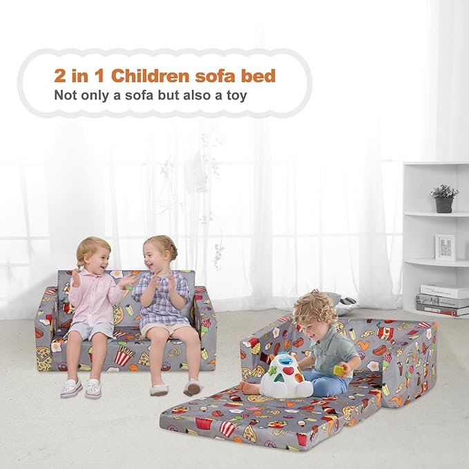 Foam Kid Sofa Couch, 2 in 1 Convertible Sofa to Bed for Baby,Velvet Toddler Sofa Chair with Side Pocket for Kid Playing (W29.92)(Grey)-NeatNest