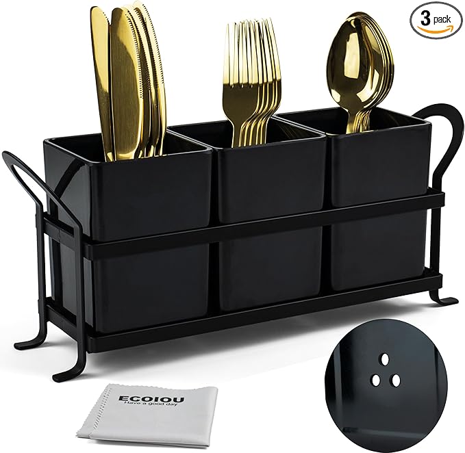 Cutlery Holder with Drain Holes, Dishwasher Safe Silverware Caddy for Party, Kitchen Counter, 3pcs Bins Set Countertop Utensil Holder for Spoons, Forks and Knives, Black-NeatNest