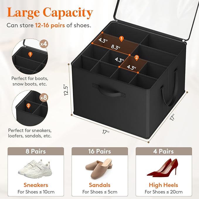 Lifewit Shoe Storage Organizer for Closet, Fits 12-16 Pairs, Large Shoe Box Storage Containers with Clear Cover and Reinforced Handles, Foldable Storage Bins Fit for Boots Heels Sneakers, 2 Pack Black-NeatNest