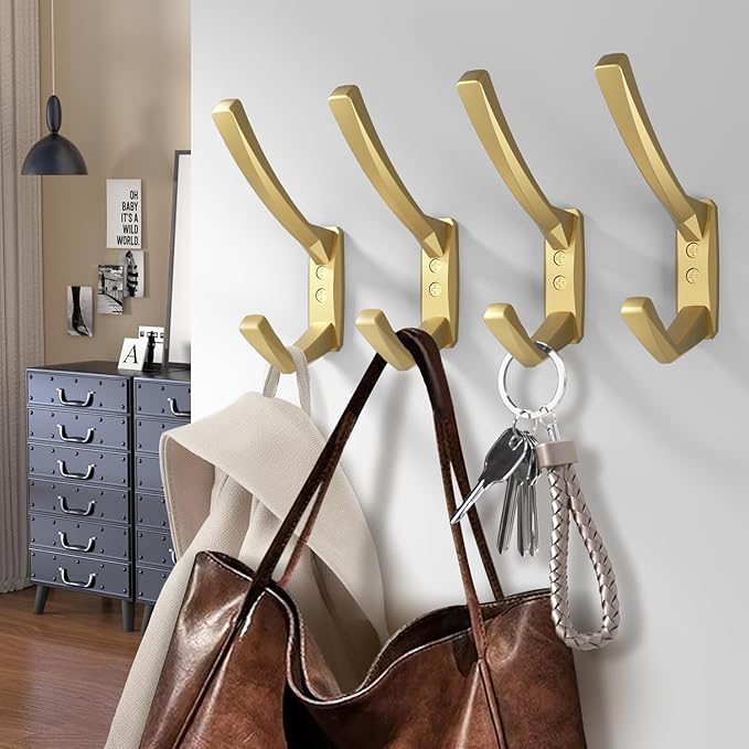 Heavy Duty Wall Hooks, 5.7 Inch Large Coat Hooks, 6 Packs Towel Hooks for Hanging in Bathroom, Bedroom, Entryway, Kitchen, etc (Gold, 4 Pack)