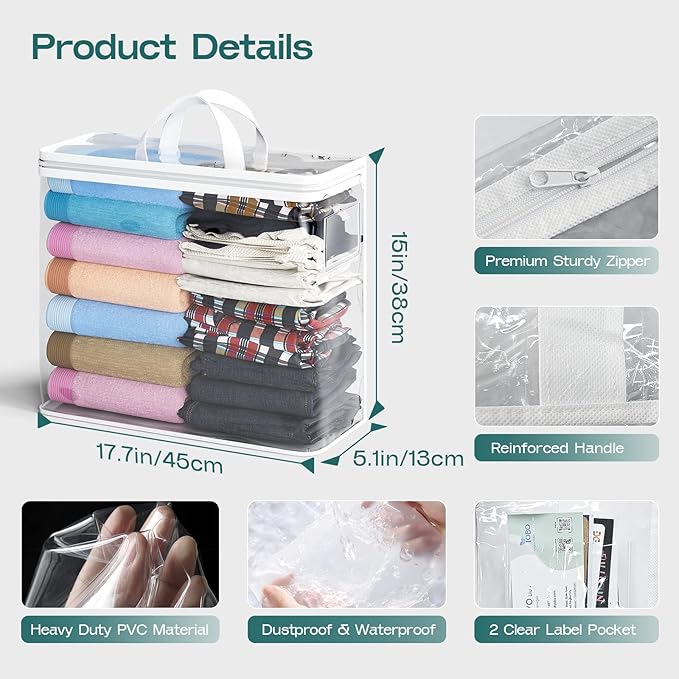 10PACK Clear Zippered Storage Bags for Clothes, 22L Closet Organizers Bag, and Blanket Storage Bags for Bedding, Linen, Blankets, Comforters, Clothing & Toys (White)-NeatNest