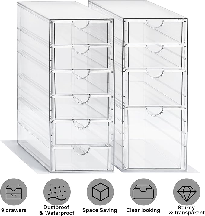 Prsildan Acrylic Drawer Makeup Organizer with 10 Drawers, Set of 2 Office Desk Organizers Accessories, Clear Stackable Storage Drawers for Vanity, Countertop, Craft, Jewelry, Art Supply Organization-NeatNest