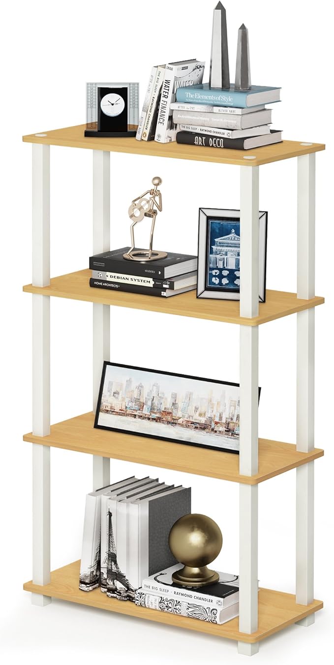 Furinno Turn-N-Tube 4-Tier Multipurpose Shelf Display Rack, Square Tube, Beech/White-NeatNest