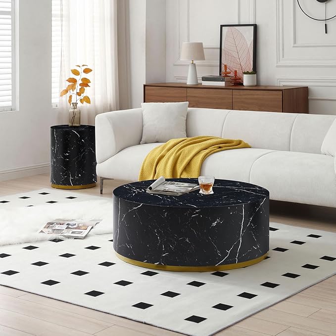 kevinplus Round Black Coffee Table Side Table End Table for Living Room, Drum Circle Wood Coffee Table Modern Contemporary Coffee Table for Apartment, Marble Grain, Black & Gold (ø35.4'' x 13.7'')