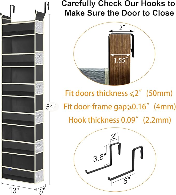 2 Pack Over The Door Hanging Organizer - 6 Shelves & 12 Side Pockets, Over The Door Storage for Baby Accessories & Children's Toys (13"x5"x54", Black)