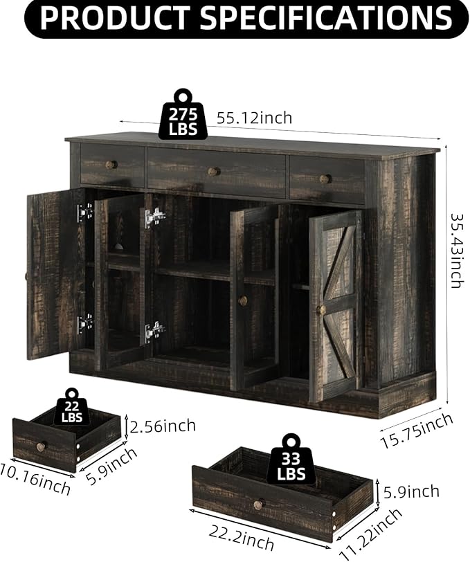 4 EVER WINNER Farmhouse Coffee Bar Cabinet, 55" Buffet Cabinet with Storage, Buffets & Sideboards with Drawers and Glass Doors for Kitchen, Living Room, Rustic Oak-NeatNest
