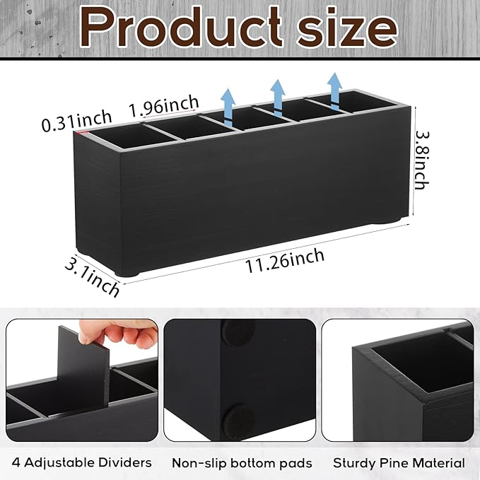 Jetec Wooden Pencil Holder 5 Compartments for Desk Adjustable Pen Holder Wood Office Desk Organizers and Accessories Makeup Brush Organizer for Pen, Home, Office and Art Supplies(Black)-NeatNest