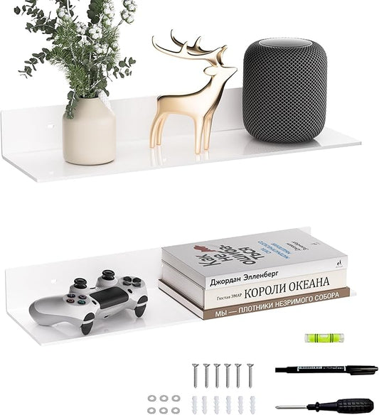 20 Inches Acrylic Wall Shelves 2 Pack, Floating Shelf for Wall Mounting, Acrylic Display Ledges for Funko Pop Figures, Home Décor, Living Room, Gaming Room, Plants(20 inch, White)-NeatNest