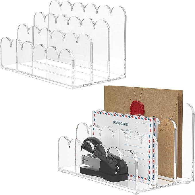 YAGELI 2 Pack 3-Slot Acrylic Mail Organizer for Desktop – Scalloped Clear Document Sorter, Vertical File Holder for Office/Home, Space-Saving Desk Organizer for Letters,Envelope,Bills,Stationery