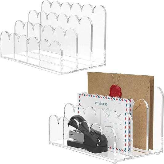 YAGELI 2 Pack 3-Slot Acrylic Mail Organizer for Desktop – Scalloped Clear Document Sorter, Vertical File Holder for Office/Home, Space-Saving Desk Organizer for Letters,Envelope,Bills,Stationery