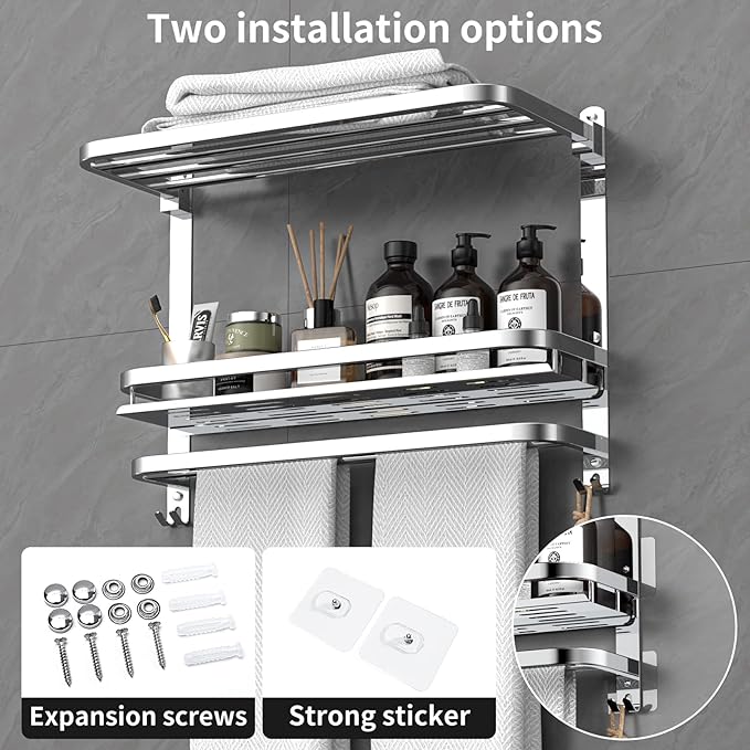 22.8Inch Towel Rack for Bathroom and Lavatory Towel Hanger with Wall Mount Towel Bars 304 Stainless Steel No Drill (Collapsible Towel Rack with Bathroom Organize Shower Shelves)