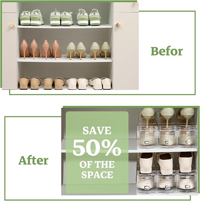 Shoe Slots Organizer, Clear Shoe Stacker for Closet Adjustable Shoe Rack Storage Space Saver,Shoes Display Shelf Shoe Holder for Organization,6 Pack-NeatNest