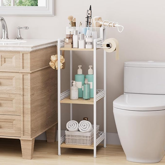 Bathroom Storage shelvesHair Dryer Holder 9.85in White, 3-Tier Narrow Metal Standing Rack with Toilet Paper Holder Cabinet, Multifunctional Corner Unit Stand for Cosmetic Curling Irons Tower-NeatNest
