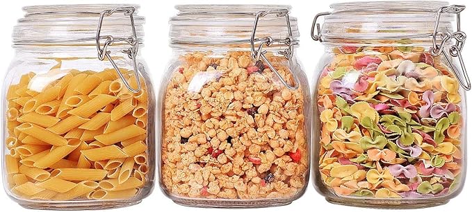ComSaf Airtight Glass Canister Set of 3 with Lids 34oz Food Storage Jar Square - Storage Container with Clear Preserving Seal Wire Clip Fastening for Kitchen Canning Cereal,Pasta,Sugar,Beans,Spice-NeatNest