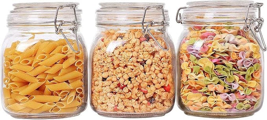 ComSaf Airtight Glass Canister Set of 3 with Lids 34oz Food Storage Jar Square - Storage Container with Clear Preserving Seal Wire Clip Fastening for Kitchen Canning Cereal,Pasta,Sugar,Beans,Spice-NeatNest