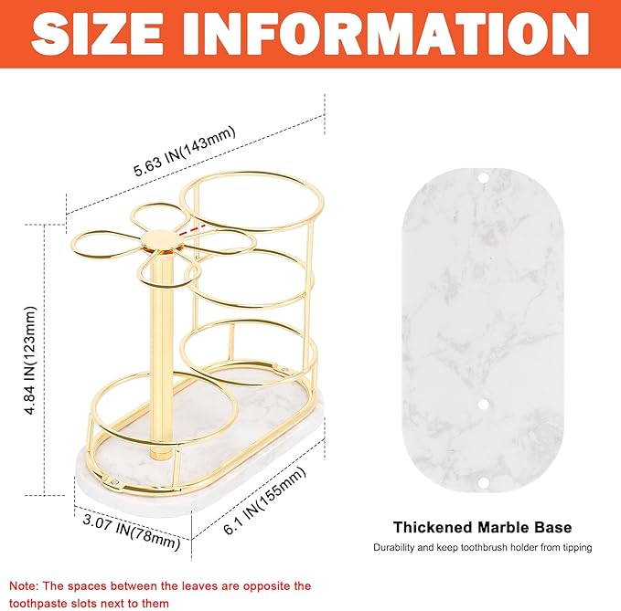 HarJue Toothbrush Holder Stand for Bathroom, Metal Toothbrush Organizer with Marble Base, Toothbrush Storage Collection for Family, Suitable for Home Hotel Countertop Vanity (Medium, Gold)