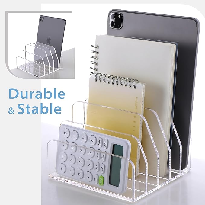 SANRUI Acrylic Desk File Organizer Holder for Desk, Clear Laddered 5 Upright Compartments Mail Sorters, Multifunction Desktop Envelope Folder Racks Document Holders for Office, Home, School-NeatNest