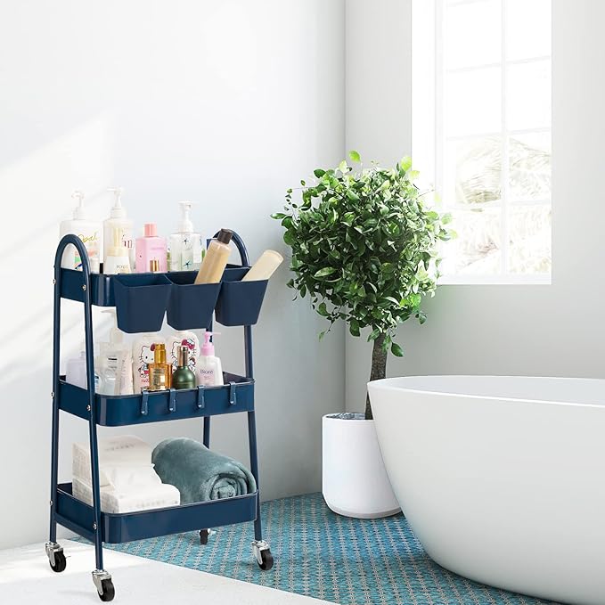 danpinera 3-Tier Rolling Cart, Metal Rolling Storage Cart with Lockable Wheels & Hanging Cups & Hooks, Mobile Trolley Cart for Kitchen, Bathroom, Office, Workshop, Dark Blue-NeatNest