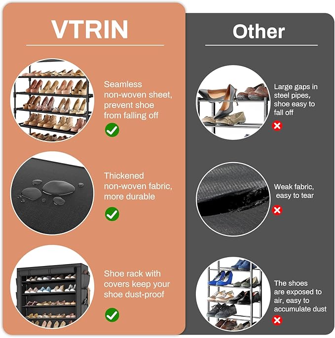 VTRIN Shoe Rack with Cover, 7 Tier Shoe Organizer Storage for 35-40 Pairs Shoes and Boots Large Capacity Tall Shoe Shelf with 8 Pockets Free Standing Shoe Rack for Closet, Entryway, Garage-NeatNest