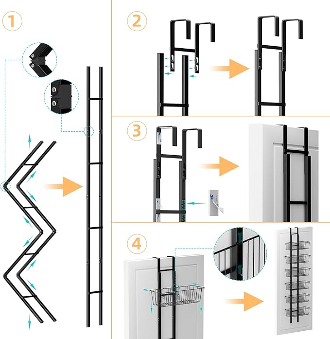 6-Tier Over The Door Pantry Organizer, Metal Hanging Storage Shelf with Adjustable 6 Baskets, Space-Saving Design Hanging Spice Rack for Kitchen, Bathroom, Laundry Room, Black