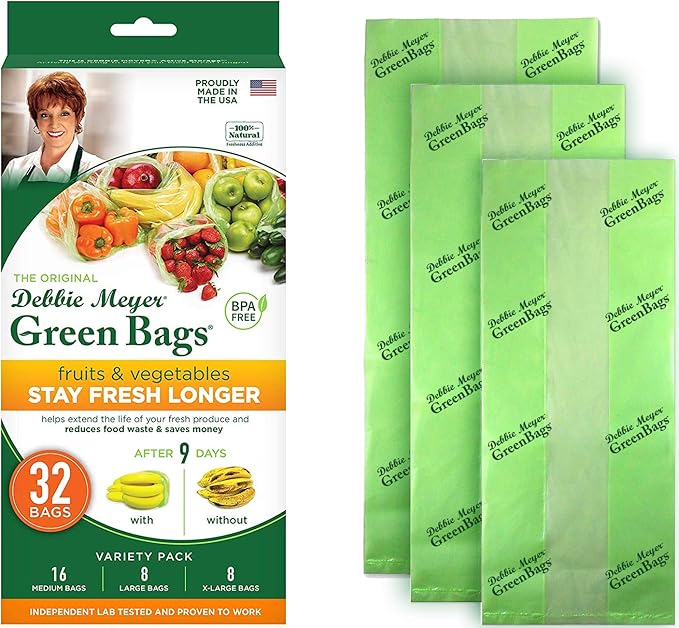 Debbie Meyer, GreenBags 32-Pack (16M, 8L, 8XL) | Reusable Storage Bags Keeps Fruit, Vegetables, Produce, Cut Flowers Fresh Longer, Kitchen & Fridge Preservation Solution, BPA Free, Made in the USA-NeatNest
