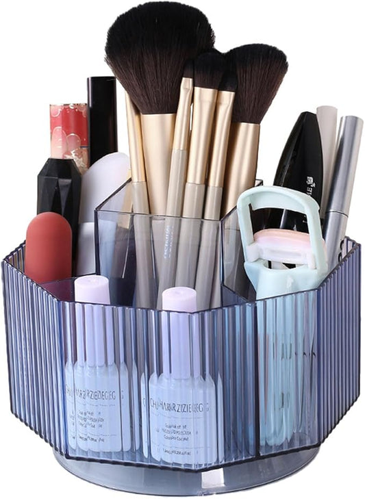 LINFIDITE 360°Rotating Makeup Organizer Holder Cosmetic Display Case Clear Makeup Brush Lip Gloss Organizer Case with 5 Slots Round Turntable Storage Tray for Vanity, Bathroom, Counter Organizer Blue-NeatNest