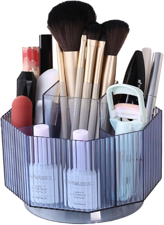 LINFIDITE 360°Rotating Makeup Organizer Holder Cosmetic Display Case Clear Makeup Brush Lip Gloss Organizer Case with 5 Slots Round Turntable Storage Tray for Vanity, Bathroom, Counter Organizer Blue-NeatNest