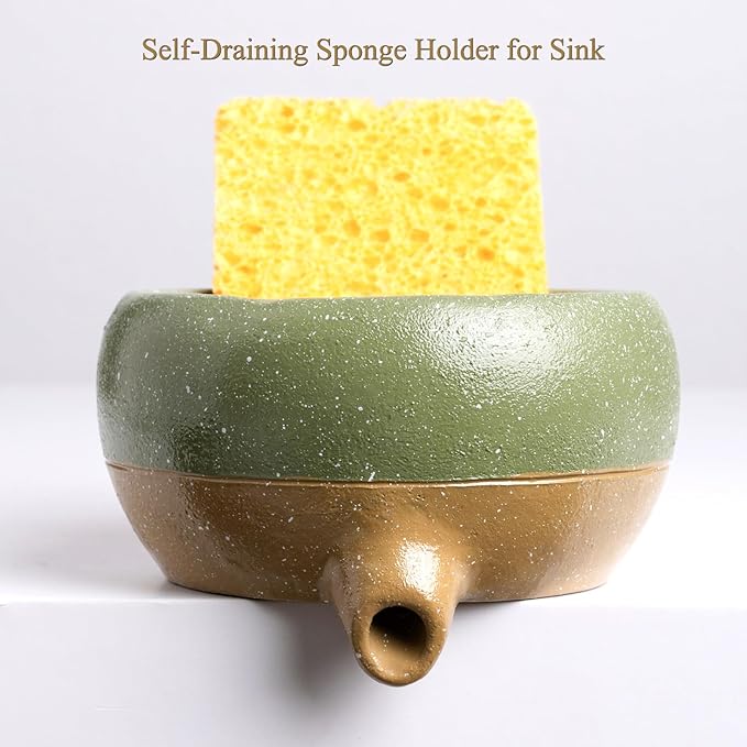 Self Draining Soap Dish and Soap Holder with Drain Spout for Sink, Shower, Bathroom, and Kitchen - Compact Resin Sponge Holder and Organizer, Keep Dry and Easy Cleaning Design, Green
