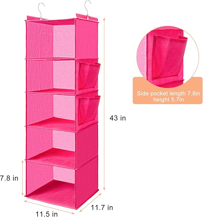 BOOMIBOO Hanging Closet Organize and Shelves，5-Hanging Shelf with 2 Side Pockets，Storage Foldable （Pink）-NeatNest