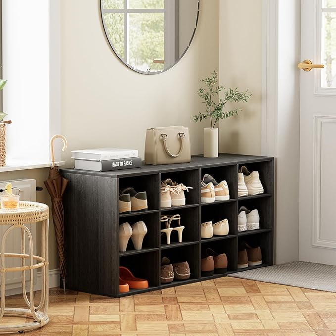 12-Cubby Shoe Rack, 3-Tier Wood Shoe Organizer, Multifunctional Shoe Organizer Bench for Entryway, Mudroom, Hallway, Closet,36.22 * 11.81 * 17.72 Inch,Black-NeatNest
