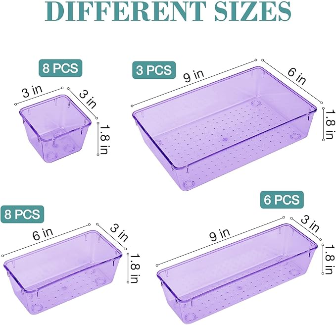25 PCS Drawer Organizer Set, 4 Varied Size Bathroom and kitchen Drawer cabinet organizer Trays, Clear Storage Bins for Makeup, Jewelry, Utensils and Gadgets， Purple-NeatNest