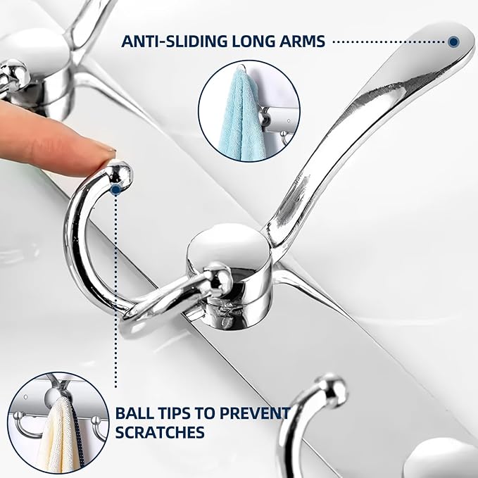 2 Pack Wall Mounted Three Prongs Coat Hooks - Thickened 304 Stainless Steel Coat Hooks, Anti-Sliding 5 Tri-Hooks Coat Rack Wall Mount,16 Inches Rustproof Coat Rack, Holding up to 44 lbs, Silver