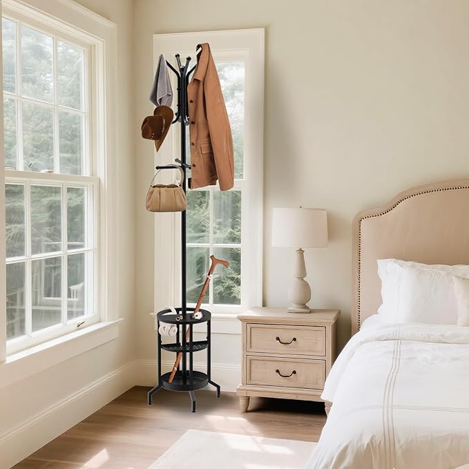 Coat Rack Freestanding, Coat Stand with Umbrella Holder, Metal Coat Tree with 12 Hooks, Coat Hanger Stand for Entryway, Coat Rack Stand for Bedroom, Living Room & Office-NeatNest